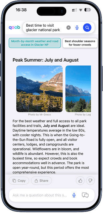 Qoob smart search app on iPhone showing a short answer to an everyday question