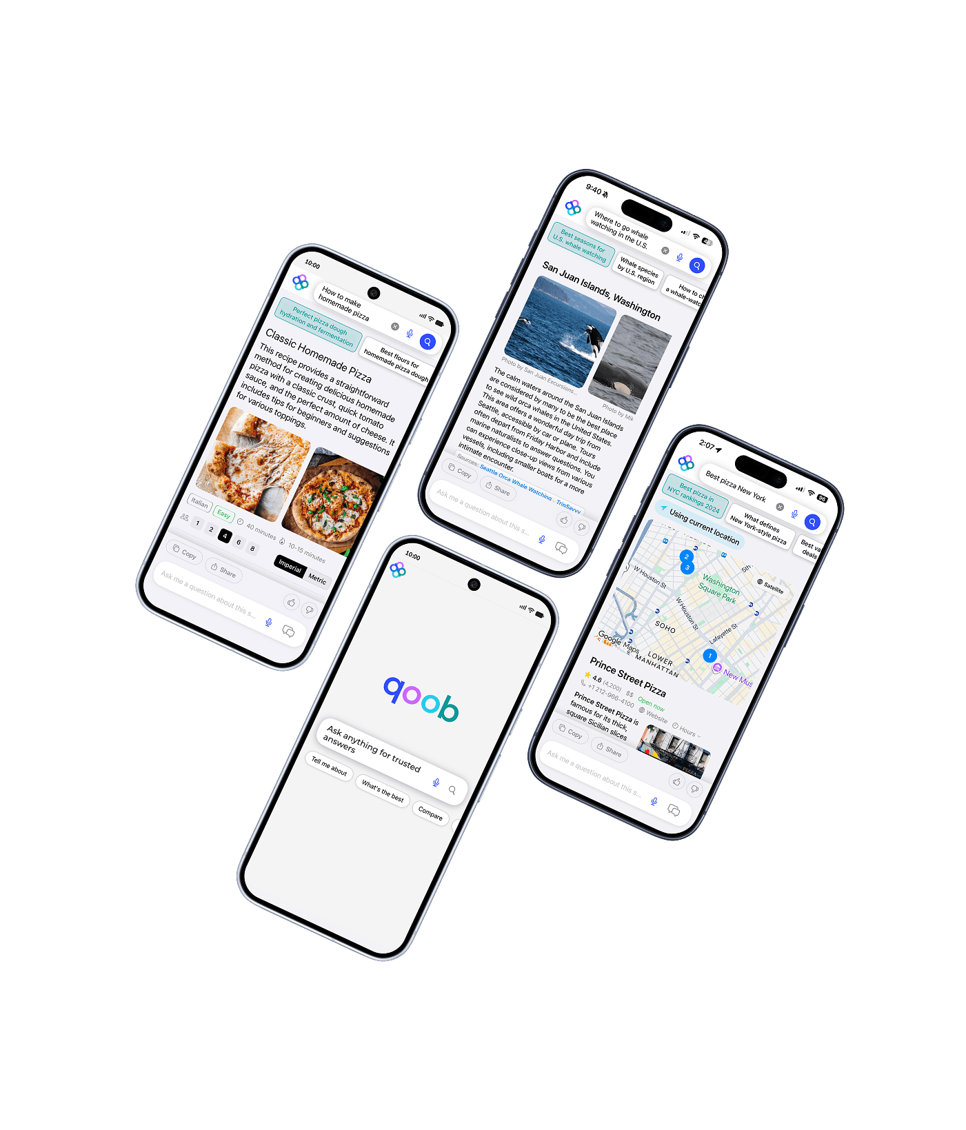 Qoob smart search app running on several phone screens