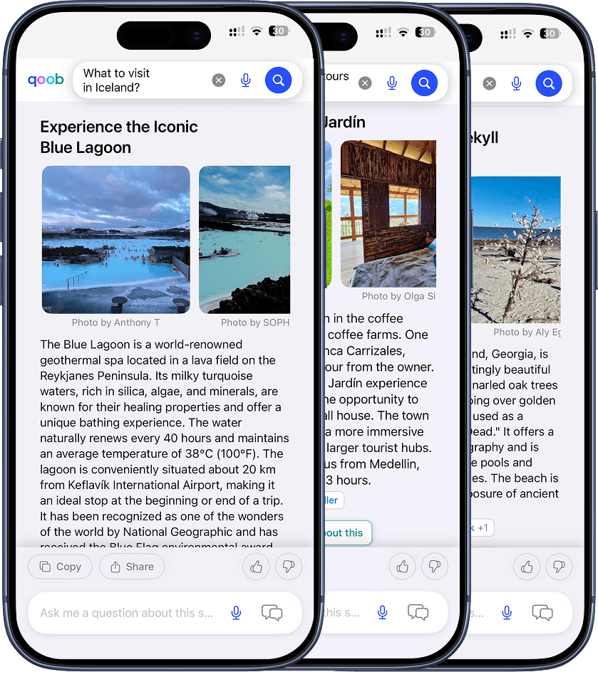Qoob smart search app open on three phone screens