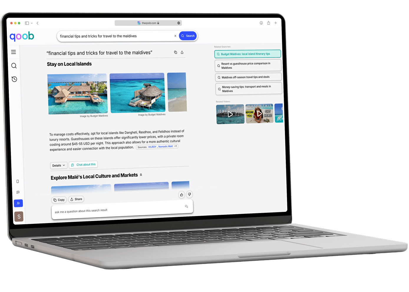 Qoob smart search on a laptop with a clean, uncluttered answer
