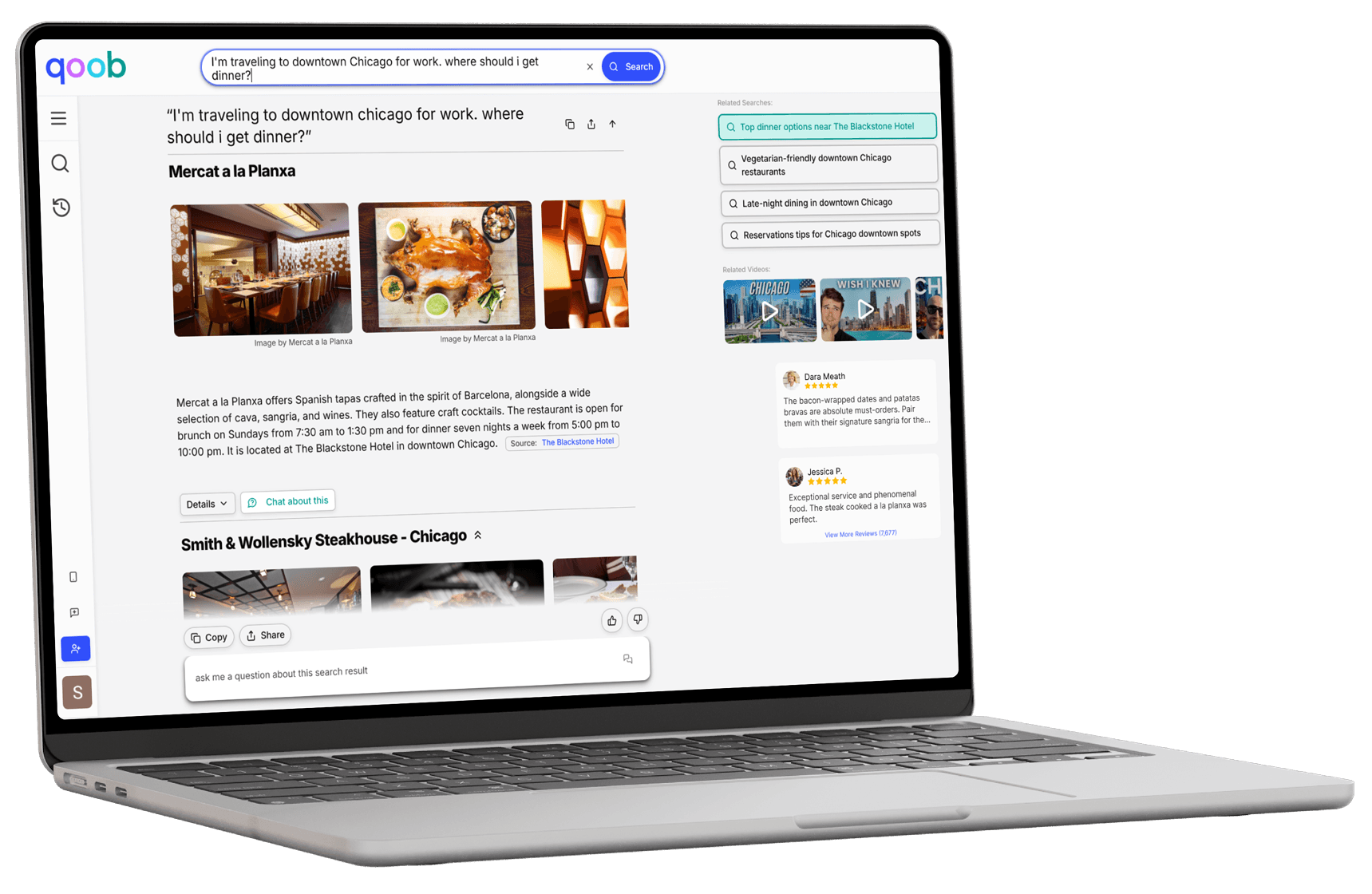 Qoob on a laptop showing a short answer shaped by your saved preferences