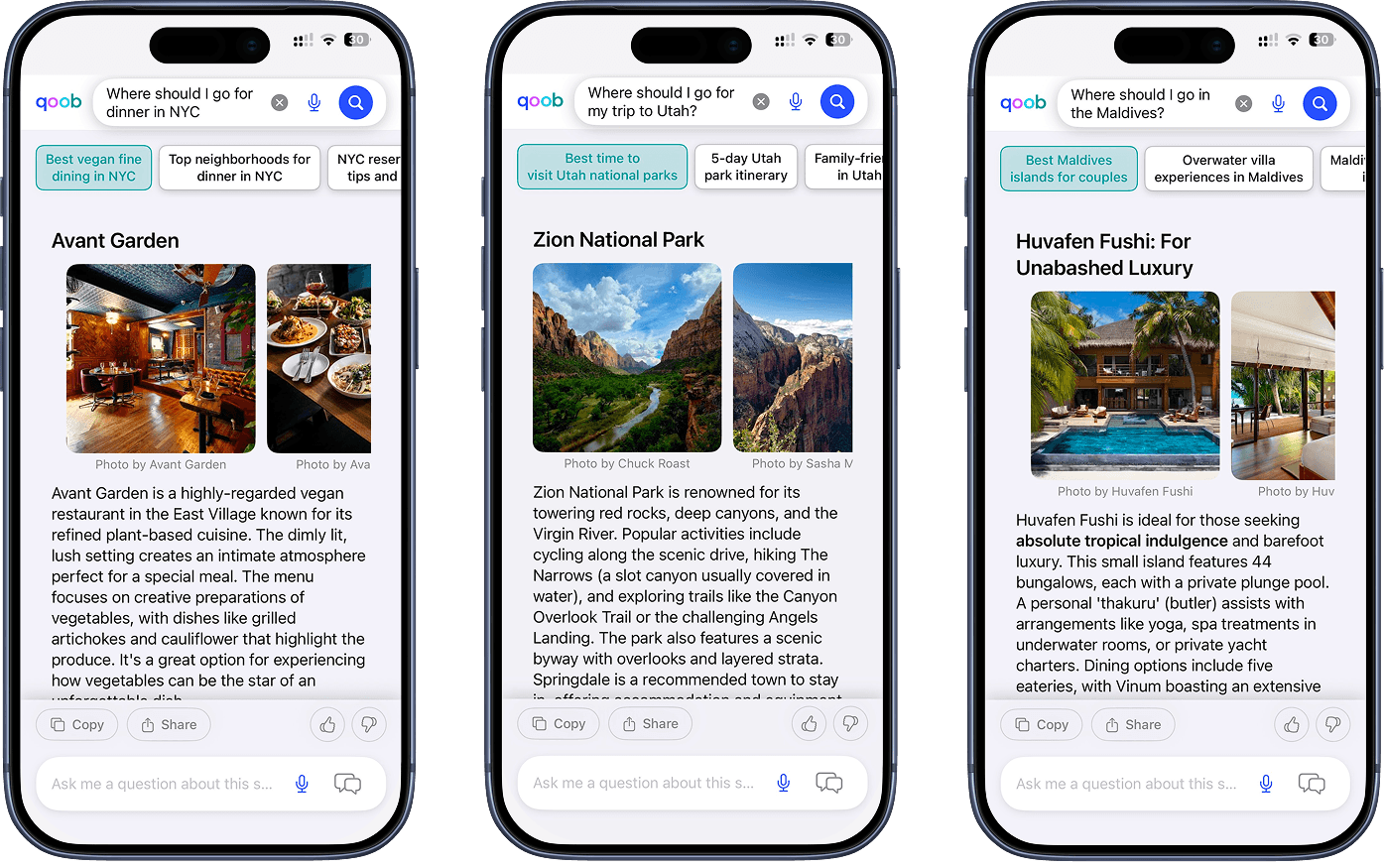 Qoob giving direct answers to everyday questions across three phone screens