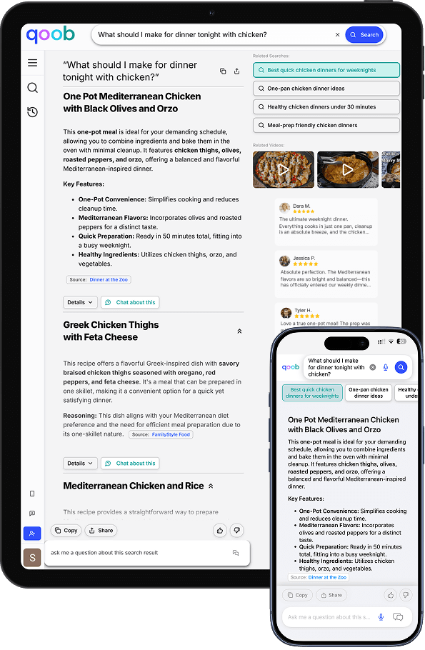 Qoob giving personalized answers on a tablet and phone