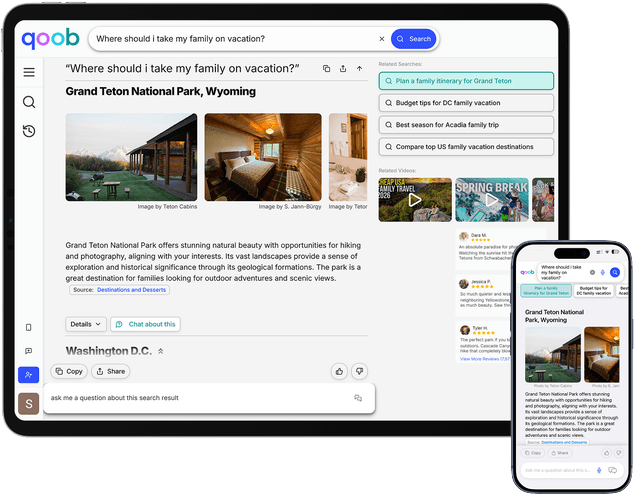 Qoob Search giving a short, trustworthy answer on a tablet and phone