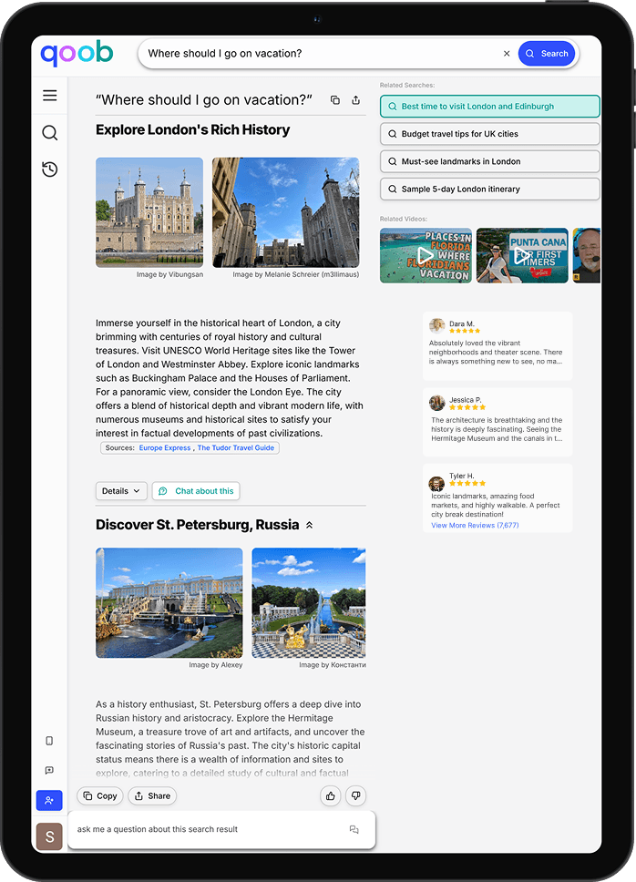 Qoob answering a travel planning question on a tablet