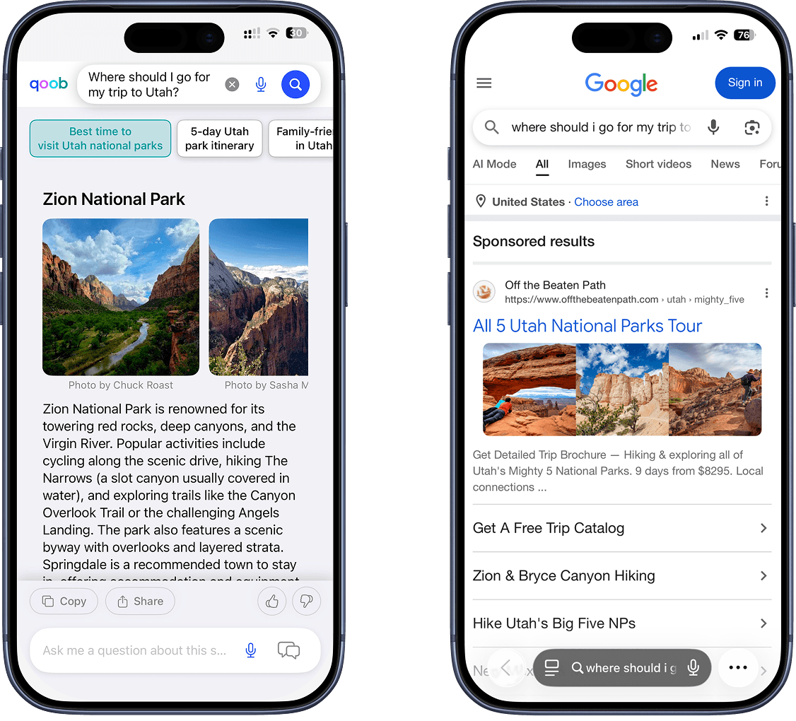 Qoob compared with traditional search results on mobile