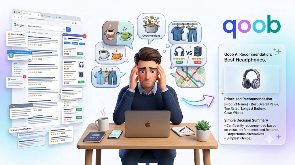 Person feeling overwhelmed while browsing online search results, with multiple product choices and decision bubbles for food, clothing, travel, and headphones. An AI shopping assistant recommends the best headphones with a clear comparison, simplified summary, and top product recommendation to make choosing easier.