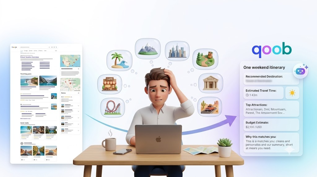 Person planning a trip with Qoob AI, which turns travel searches into a personalized weekend itinerary with destination, attractions, travel time, and budget recommendations.