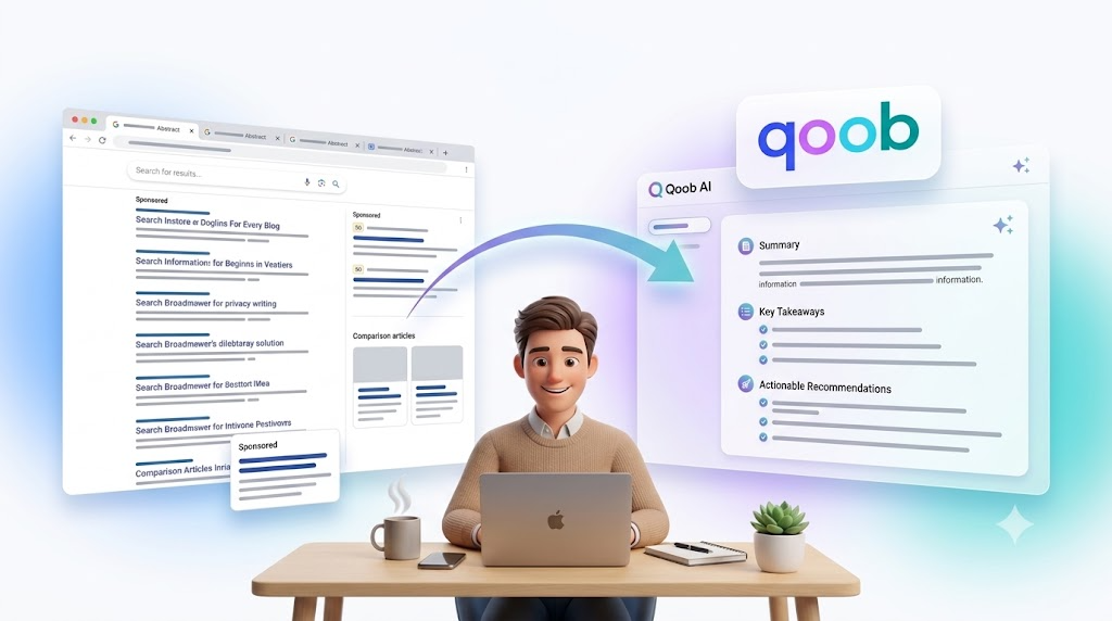 Qoob AI transforms search results into clear summaries, key takeaways, and actionable recommendations.