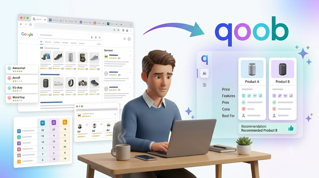 Person using a laptop to compare products with an AI shopping assistant. The illustration shows a search results page transforming into a product comparison interface with ratings, reviews, pricing, pros and cons, and personalized recommendations.