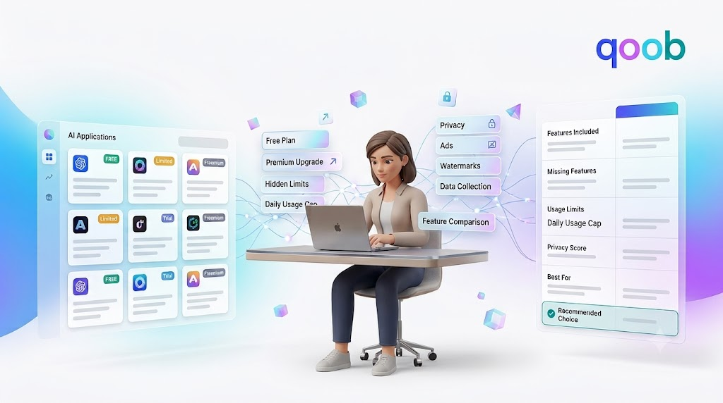 AI search app comparison showing a woman using a laptop with feature comparison panels, privacy settings, usage limits, and AI application options, with the Qoob logo.