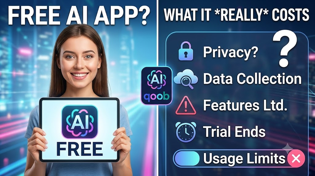 Free AI app comparison highlighting privacy, data collection, limited features, trials, and usage limits
